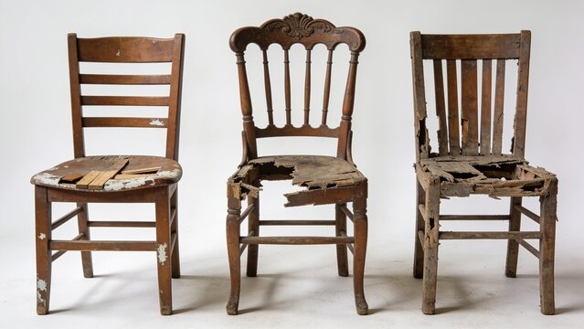 rustic, wooden chairs arranged in a row against a plain white background. Each chair exhibits a distinct style and degree of wear. The chair on the left has a simple, straight back with horizontal sla