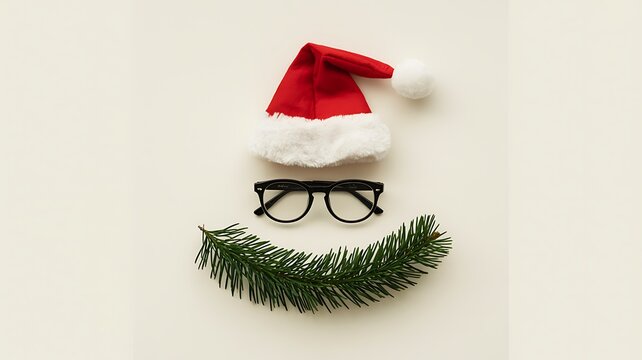 Minimal christmas face design with santa hat glasses and evergreen beard on white background