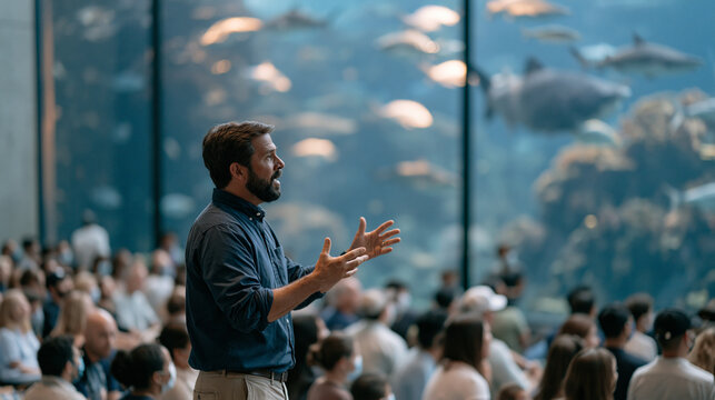 Oceanographer in a packed public aquarium hall gestures at factory floor safety signage repurposed as exhibit panels, single professional presentation marine science education