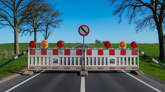 Road construction barrier blocking a rural highway with warning signs
