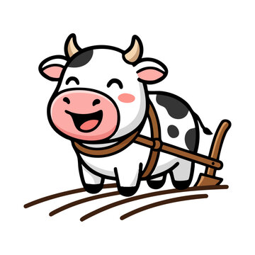 Cute cartoon cow plowing a field with a wooden plow in the farm