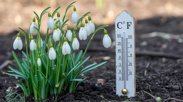 Snowdrop flowers growing beside a garden thermometer during early spring
