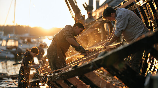A boat-building family works together in a golden hour waterfront workshop, fitting timber ribs to a half-completed hull as children sand edges and parents align planks, the warm amber light catchin