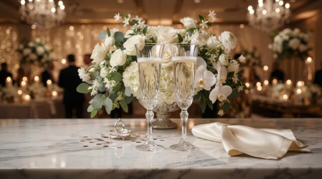 Elegant wedding table centerpiece with white flowers and champagne glasses in a warm lit reception hall