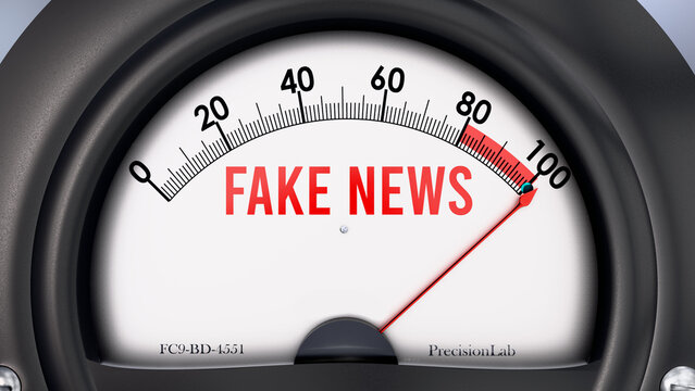 Fake News that is hitting a full scale, showing rising levels of fake news, possibly overload of it, too much of it. Maximum value, off the charts.  ,3d illustration