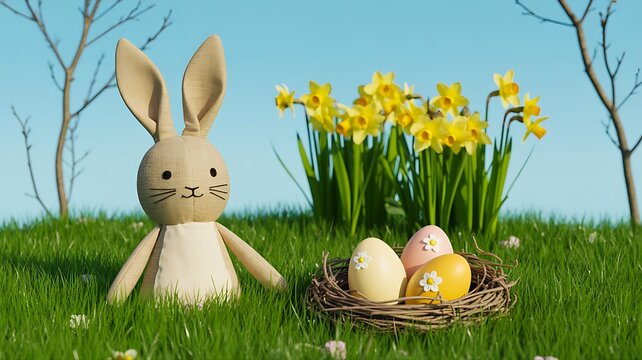 Easter bunny decoration with colorful eggs and spring flowers in grass