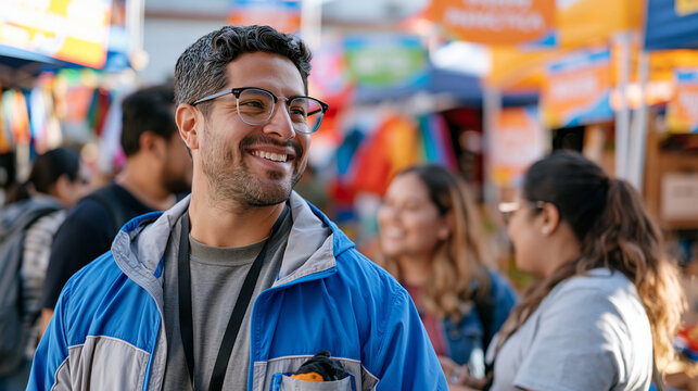 A customer greeter with sensory comfort object in jacket pocket stands at a vibrant outdoor marketplace entrance, a small group of shoppers nearby as the greeter practices steady interaction routine