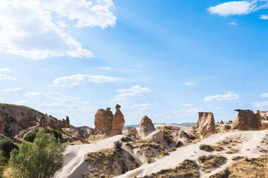 Unique camel shaped fairy chimney rock formation in Devrent Valley Cappadocia Turkey symbol of natural balance and tranquil getaway.