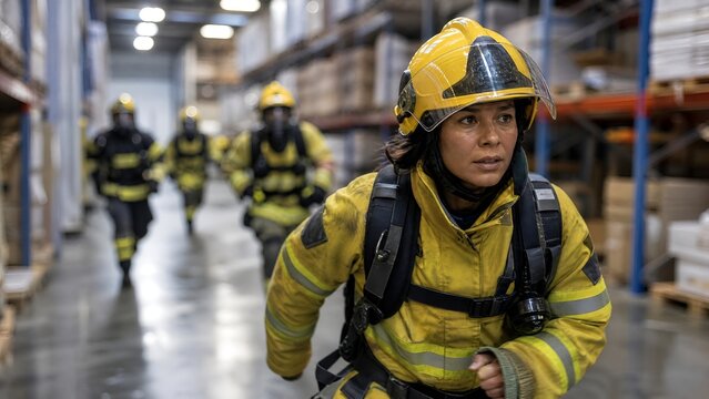 Female Firefighter Leads Team Through Warehouse During Emergency Response Training