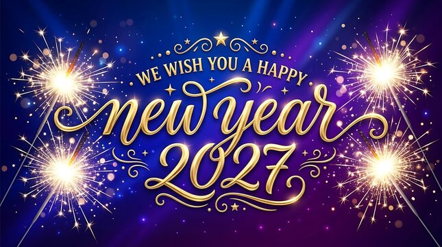 Gold calligraphy New Year 2027 greeting text with glowing sparklers on a dark blue festive background