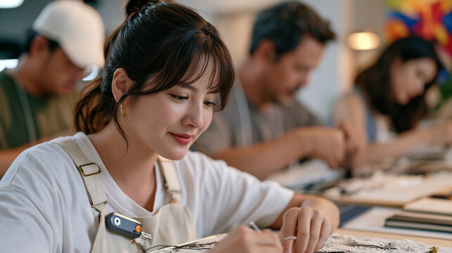 A lacework studio with a minimalist aesthetic brings together a multicultural group of artisans hunched over their bobbins, one participant's key finder device clipped visibly to their work apron as