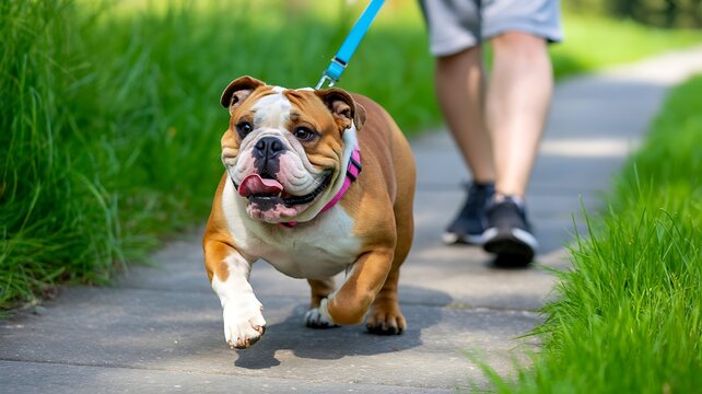 Happy bulldog walking outdoors on a sunny green pathway