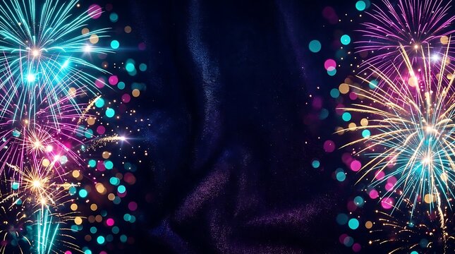 Colorful fireworks display illuminating the night sky with vibrant light trails and bokeh sparkles for celebration