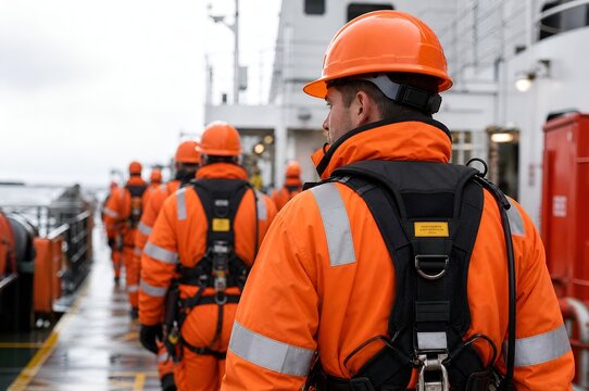 Professional Crew Members in Safety Gear Walking on the Deck of a Large Industrial Cargo Ship