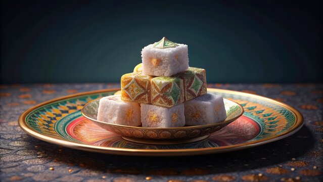 A delicate Turkish delight Lokum on a tiny plate, adorned with intricate patterns and colors