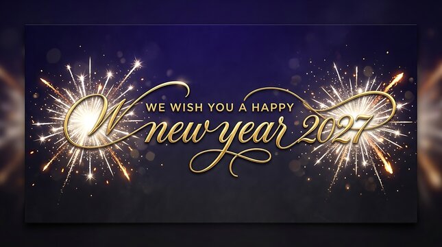Gold cursive text wishing a happy new year 2027 with bright sparkling fireworks on dark blue background