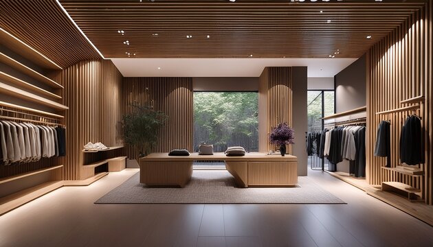 modern minimalist clothing store design blending natural wood aesthetics with urban chic