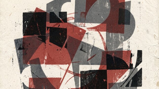 Abstract composition of overlapping red, black, and grey geometric shapes with a distressed texture, creating a dynamic visual pattern.