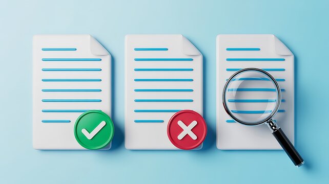Document verification concept with approved rejected files and magnifying glass
