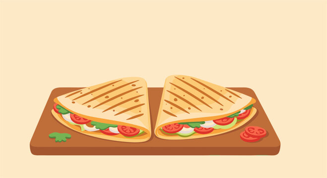 Two toasted quesadillas filled with vegetables and cheese served on a wooden cutting board against a warm beige background for food.