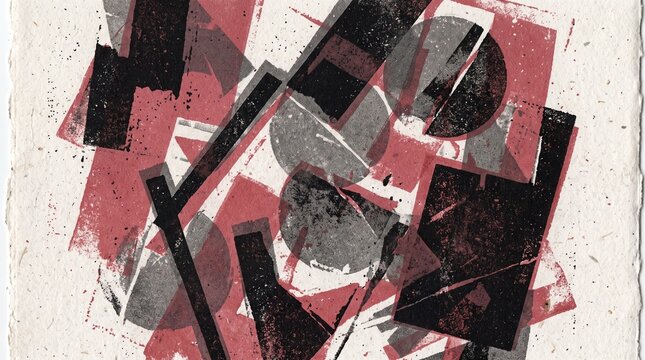 Abstract composition of overlapping geometric shapes in red, black, and gray tones with a textured, distressed appearance.