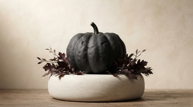 A single painted black pumpkin decorative centerpiece with dark autumn leaves sitting on a round wooden base for seasonal holiday decor