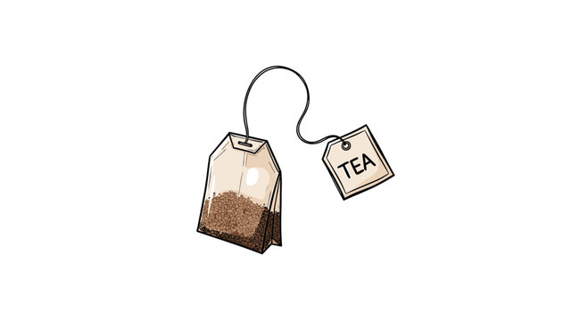 Detailed illustration of a paper tea bag filled with dried leaves and featuring a small square tag labeled with tea text.