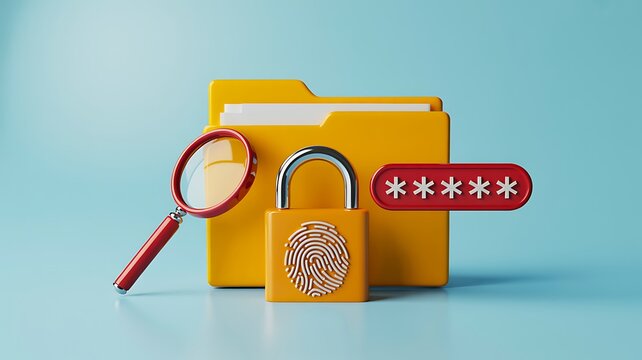 Digital data security concept with fingerprint lock, password folder and magnifying glass
