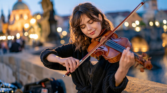 A street violinist performs at twilight on a stone bridge, the blue hour sky glowing behind, a single instrument case open at her feet with a contactless payment tag detail visible inside capturing 