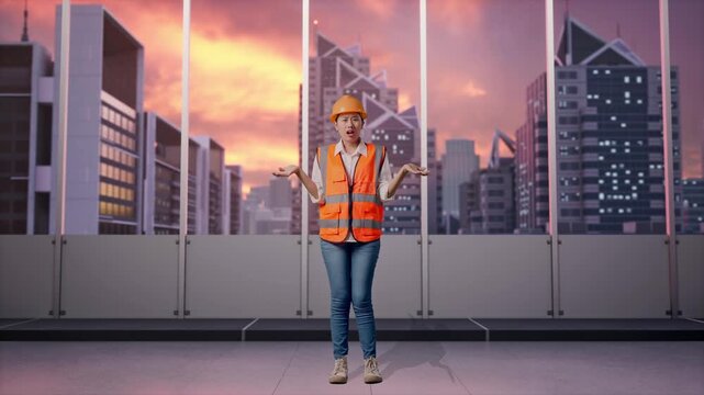 Full Body Of Wondering Asian Female Engineer With Safety Helmet Saying Why Working Doubtfully at Office with Panoramic City Skyline at Sunset