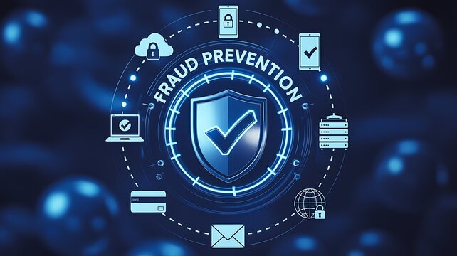 Fraud prevention cybersecurity shield with digital security icons and protection concept