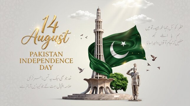 Pakistan Independence Day 14 August celebration poster, Minar-e-Pakistan monument with national flag, patriotic holiday greeting