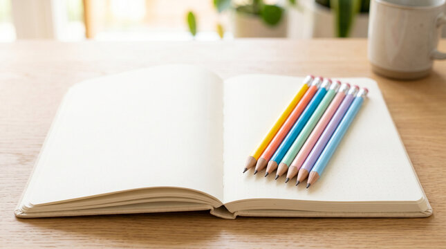 Fresh unsharpened wooden pencils resting on blank open notebook  