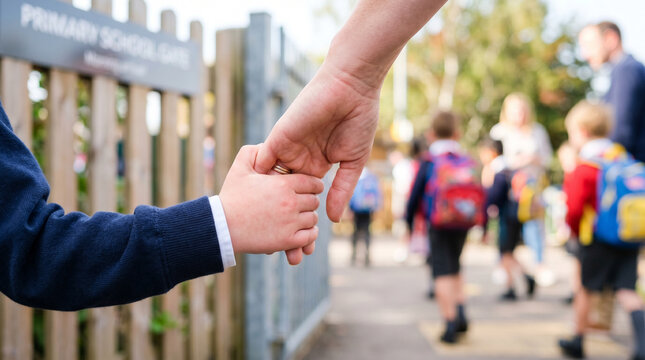 Macro of nervous small hand tightly gripping adult hand at school gate  
