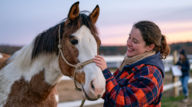 A therapist guides a teenager through a trust exercise with a calm horse at twilight blue hour, the wide establishing shot capturing the equine therapy paddock, soft purple sky, a tax deadline stres
