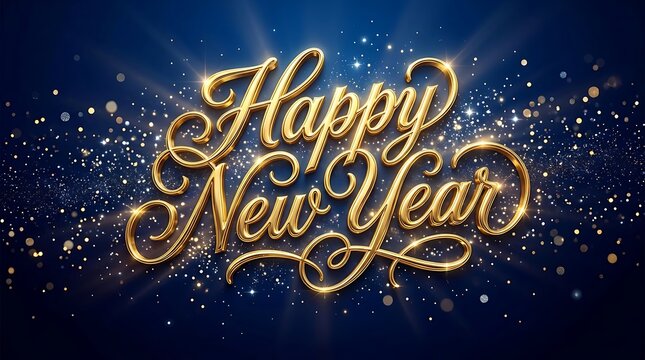 Gold Happy New Year text with glowing sparkles on a dark blue background for holiday greeting