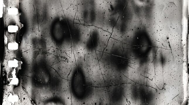 A close-up, high-contrast, black and white abstract image of damaged and scratched film.