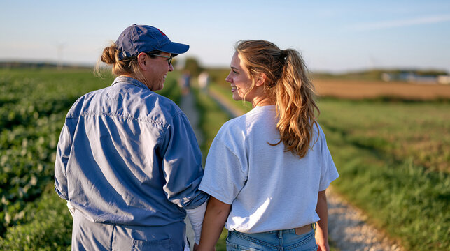 A veteran sonographer walks a quiet rural medical outreach path with a younger trainee, the older professional candidly supporting the younger through visible post masking fatigue recovery after a l