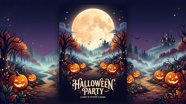 Spooky halloween party poster featuring glowing carved pumpkins in a misty forest under a large full moon