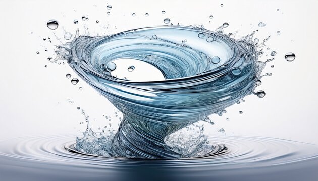 a swirling vortex of water droplets and splashes forming a miniature tornado shape against a stark white background