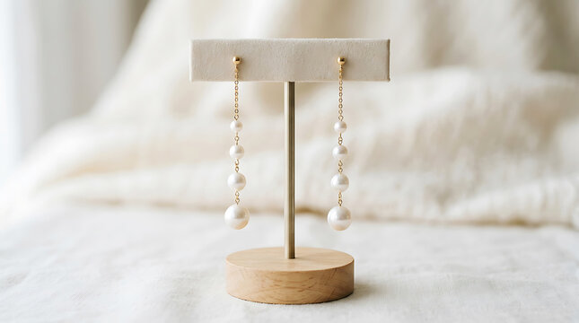 Gold drop earrings on neutral stone pedestal jewelry