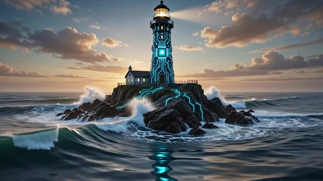 Futuristic lighthouse shining a light beam over a stormy sea