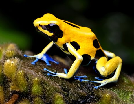 bright yellow poison dart frog with black spots