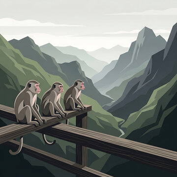 Landscape Three monkey figures sit calmly on a wooden structure overlooking a vast mountain valley depicting a primate scenery amidst misty green