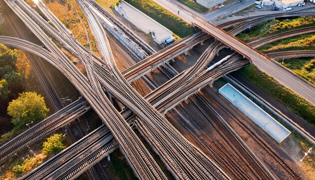 overhead view of a railway junction with multiple tracks branching out highlighting the intricate design of a transportation network