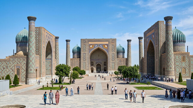 Registan Square, Samarkand: Majestic Architectural Ensemble Under Blue Sky