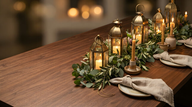 Elegant dining table setup with rustic lanterns and eucalyptus greenery foliage centerpieces for a festive dinner celebration lanterns eucalyptus greenery hospitality