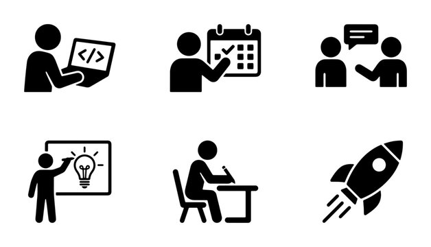 Business Icons Set: Coding, Planning, Communication, Ideas, Learning, Startup Launch, Vector Graphics for Presentations and Web Design