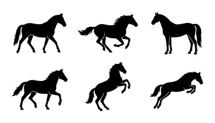 Obraz premium Horse Silhouettes Vector Set: Galloping, Rearing, Jumping Equine Poses, Black Animal Graphics