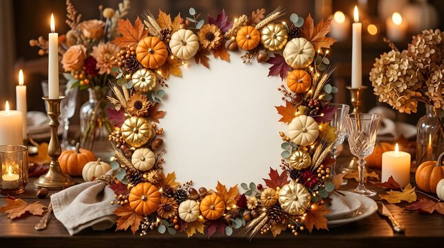 Autumnal decorative wreath frame with pumpkins and candles on a rustic wooden table for seasonal holiday background